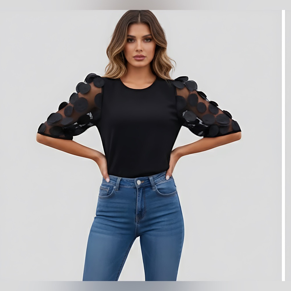Mesh Appliques Puff Sleeve Blouse Black